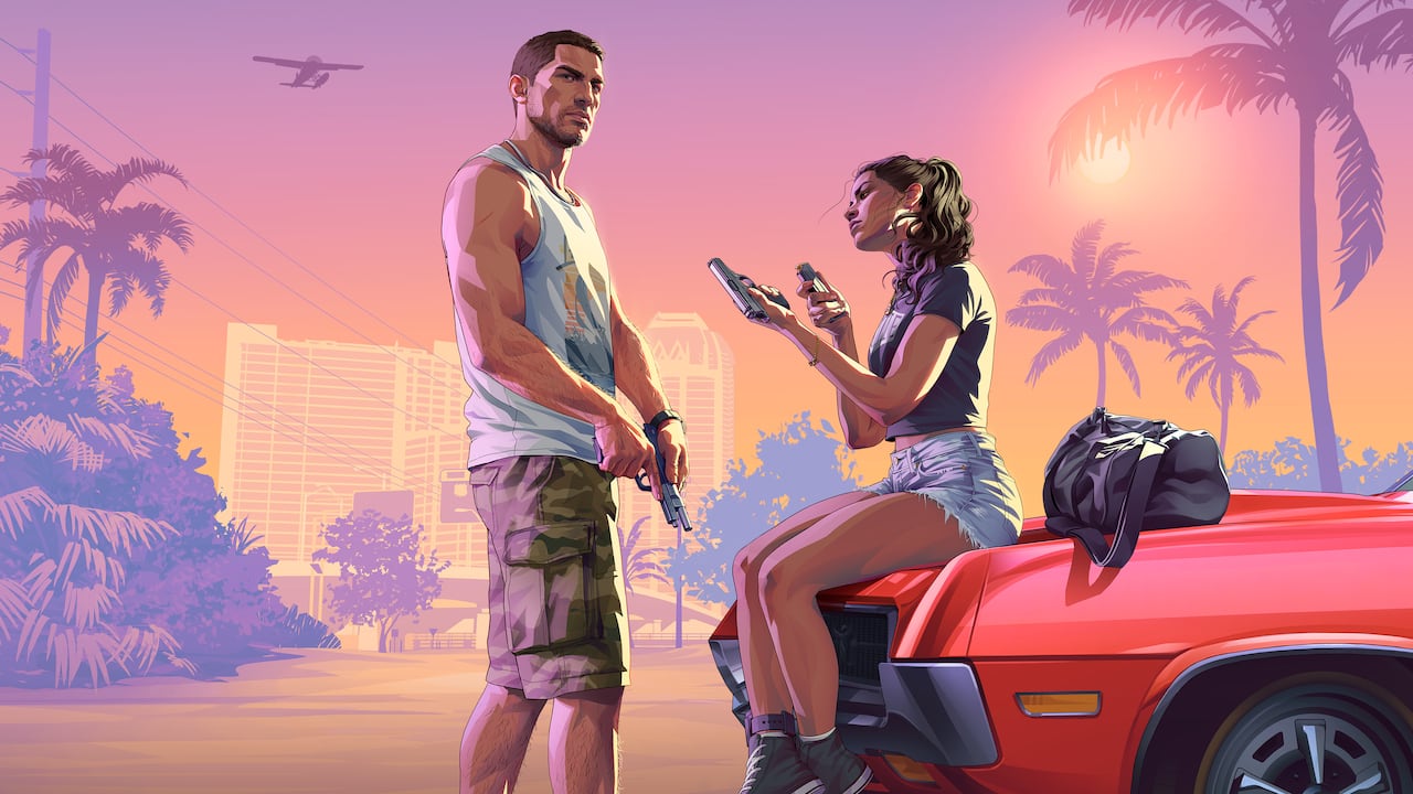 Illustration promotionnelle officielle de la bande-annonce de lancement de GTA VI : Jason se tient près d’une voiture rouge et Lucia est assise sur le capot, tous deux armés d’un pistolet au coucher du soleil