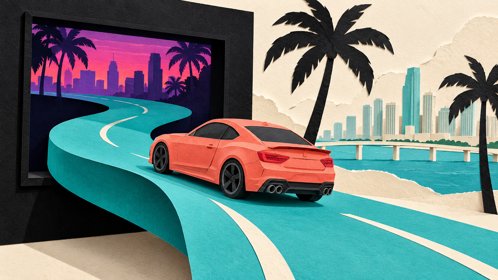 Colagem editorial de papel: um carro cor de coral em uma estrada que conecta uma tela a uma cidade com palmeiras.