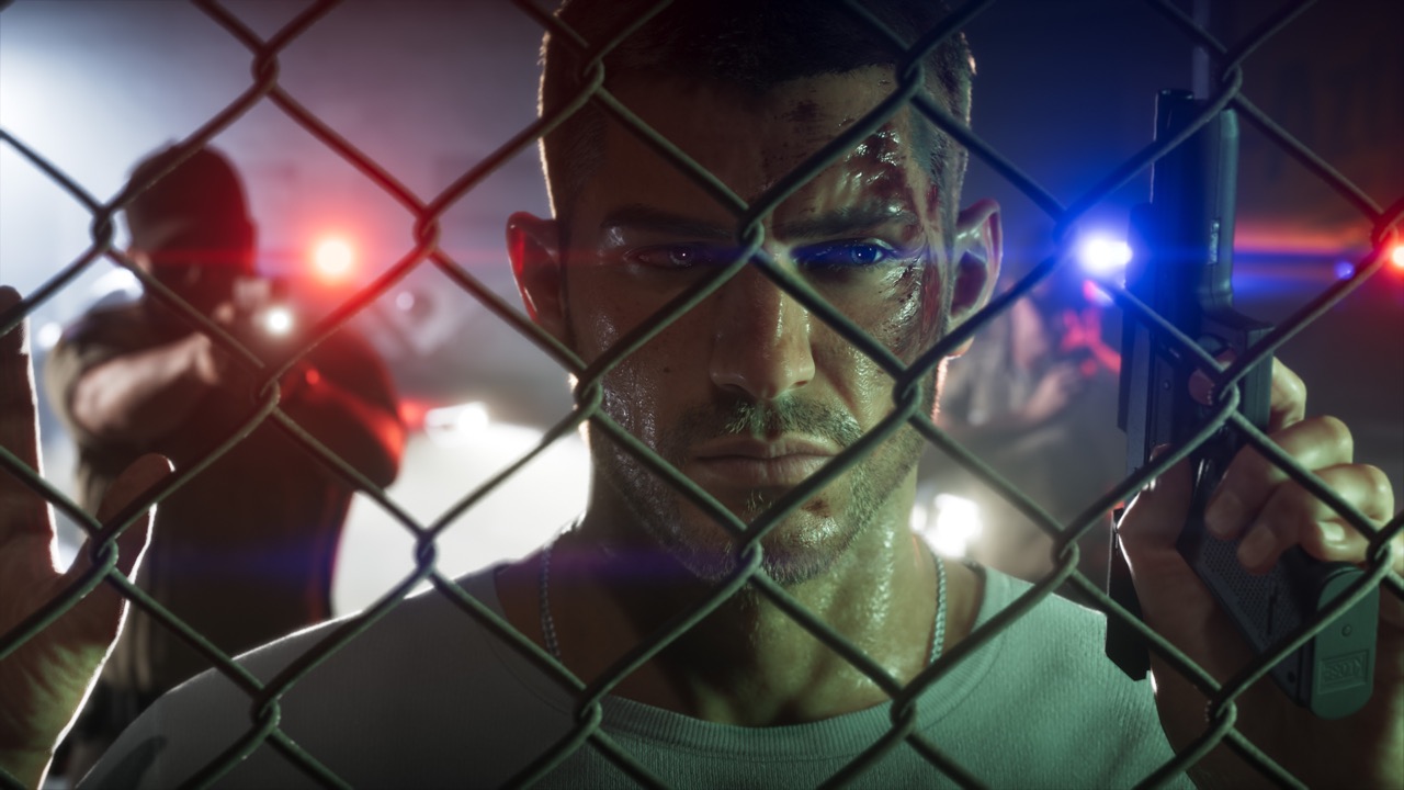 Jason behind a chain-link fence, holding a handgun under red and blue lighting.