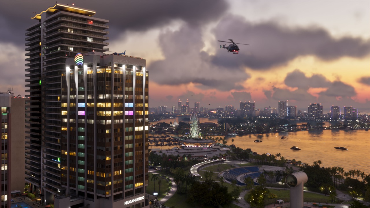 Vice City waterfront at dusk, with high-rise buildings, boats and a lit Ferris wheel.